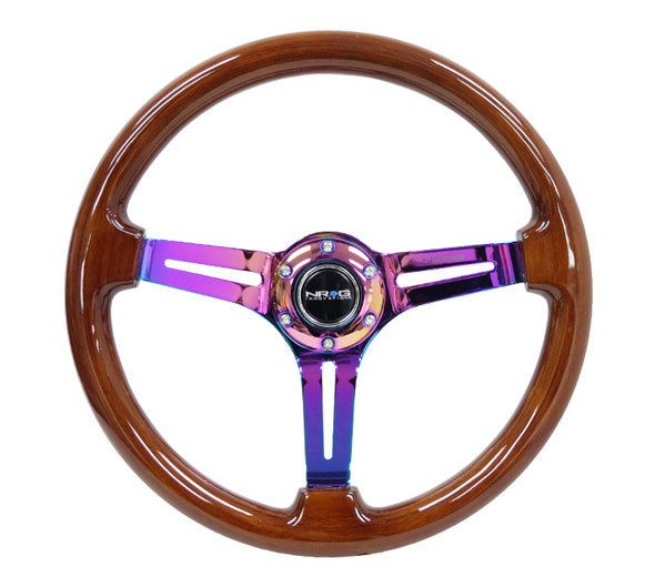 NRG Reinforced Steering Wheel (350mm / 3in. Deep) Brown Wood w/Blk Matte Spoke/Neochrome Center Mark RST-018BR-MC