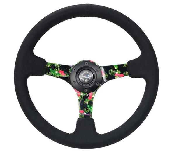 NRG Reinforced Steering Wheel (350mm / 3in. Deep) Black Suede w/ 5mm Floral 3-Spoke Center RST-036TROP-S