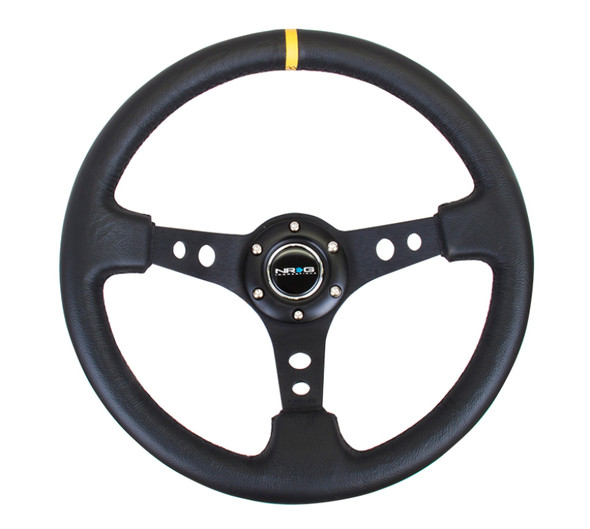 NRG Reinforced Steering Wheel (350mm / 3in. Deep) Blk Leather w/Blk Cutout Spoke/Yellow Center Mark RST-006BK-Y