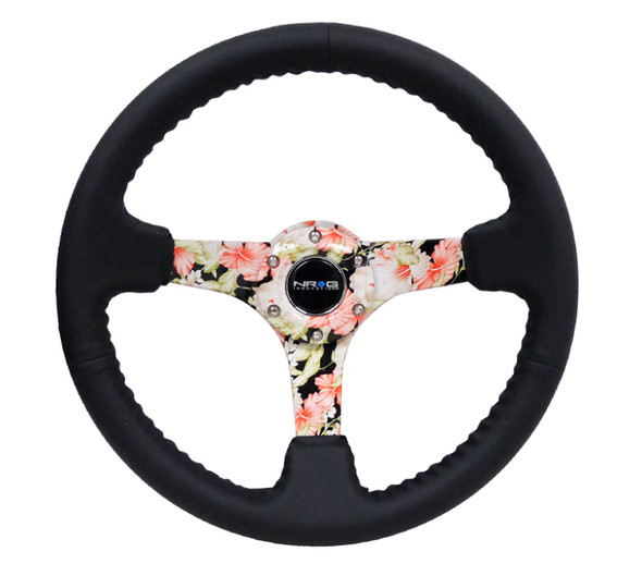 NRG Reinforced Steering Wheel (350mm / 3in. Deep) Blk Leather Floral Dipped w/ Blk Baseball Stitch RST-036FL-R