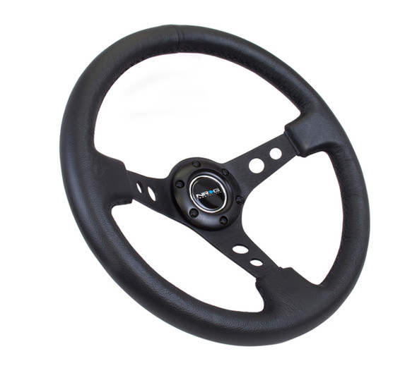 NRG Reinforced Steering Wheel (350mm / 3in. Deep) Blk Leather w/Blk Spoke & Circle Cutouts RST-006BK
