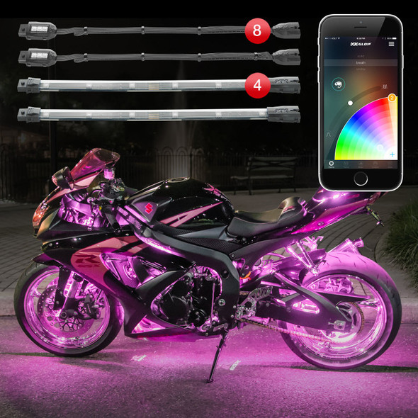 XK Glow Strip Million Color XKCHROME Smartphone App ATV/Motorcycle LED Light Kit 8xPod + 4x10In KS-MOTO-STANDARD