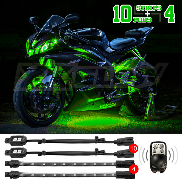 XK Glow Strips Single Color XKGLOW LED Accent Light Motorcycle Kit Green - 10xPod + 4x8In XK034002-G
