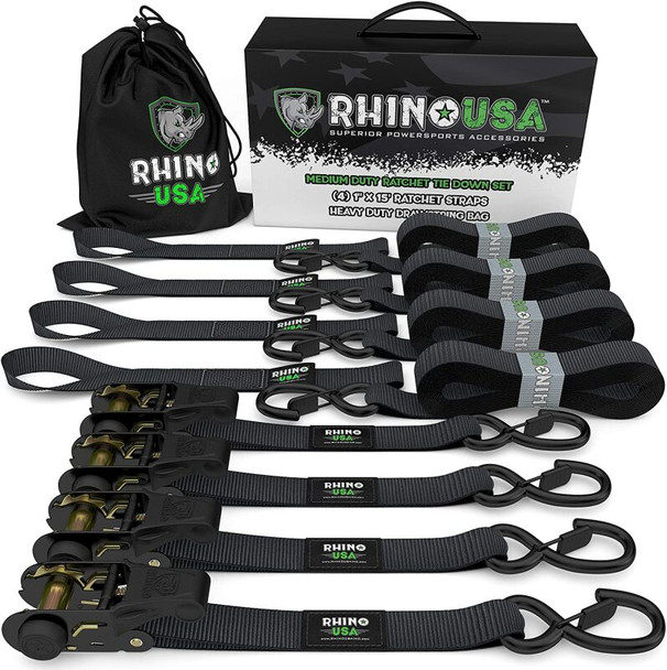 Rhino USA Medium Duty Ratchet Strap Tie-Down 4-Pack (Black) GMG-R1-4PACK