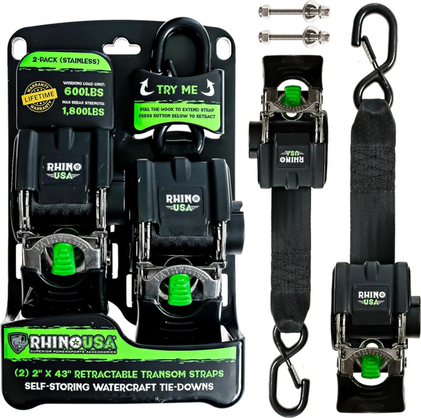 Rhino USA Retractable Transom Straps (2 Pack-Stainless) TD-MSTR2X43-STNLS