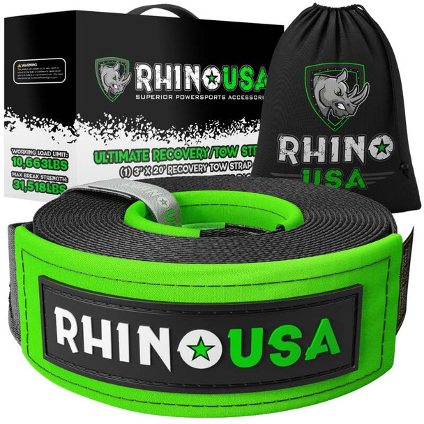 Rhino USA Recovery Tow Strap 3Inx30Ft (Black) TOWSTRAP-330