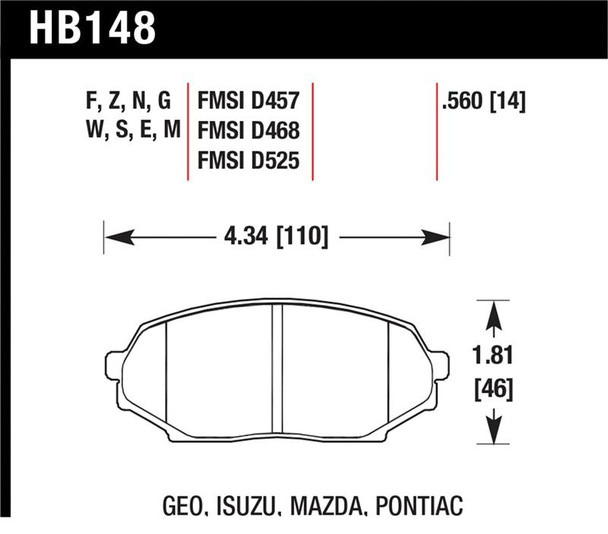 Hawk 90-93 Geo Storm / 90-92 Isuzu Impulse / 90-93 Mazda Miata DTC-30 Front Race Pads HB148W.560