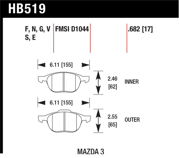 Hawk HP+ 08-09 Mazda 3 / Ford/ Volvo HP+ Street Front Brake Pads HB519N.682