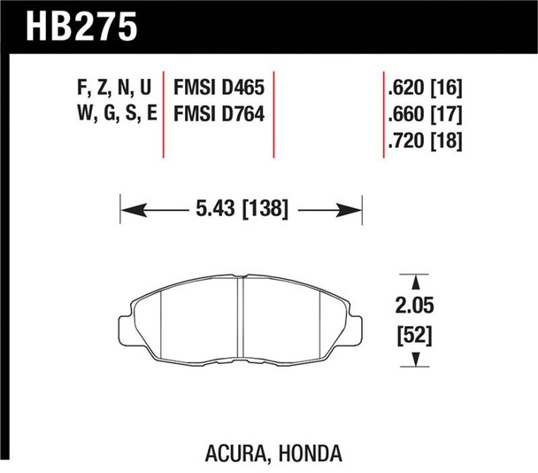 Hawk Acura/ Honda Performance Ceramic Street Front Brake Pads HB275Z.620