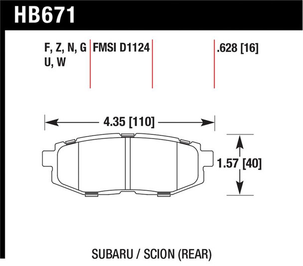 Hawk 11+ Subaru Legacy GT Performance Ceramic Rear Street Brake Pads HB671Z.628