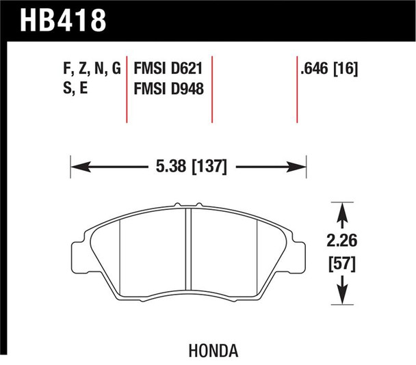 Hawk 02-06 RSX (non-S) Front / 03-09 Civic Hybrid / 04-05 Civic Si HP+ Street Rear Brake Pads HB418N.646