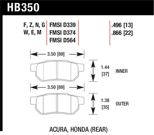 Hawk 90-01 Acura Integra (excl Type R) / 98-00 Civic Coupe Si Performance Ceramic Street Rear Brake HB350Z.496