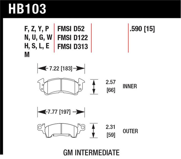 Hawk 1975-1975 Buick Apollo SR HPS 5.0 Front Brake Pads HB103B.590