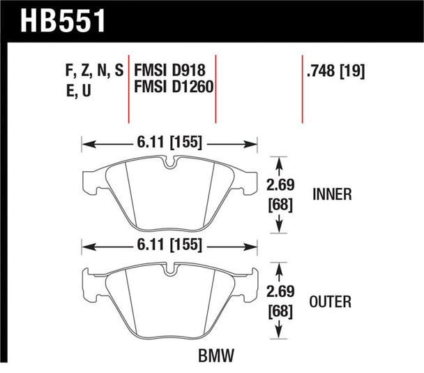 Hawk 07-09 BMW 335d/335i/335xi / 08-09 328i/M3 HP+ Street Front Brake Pads HB551N.748