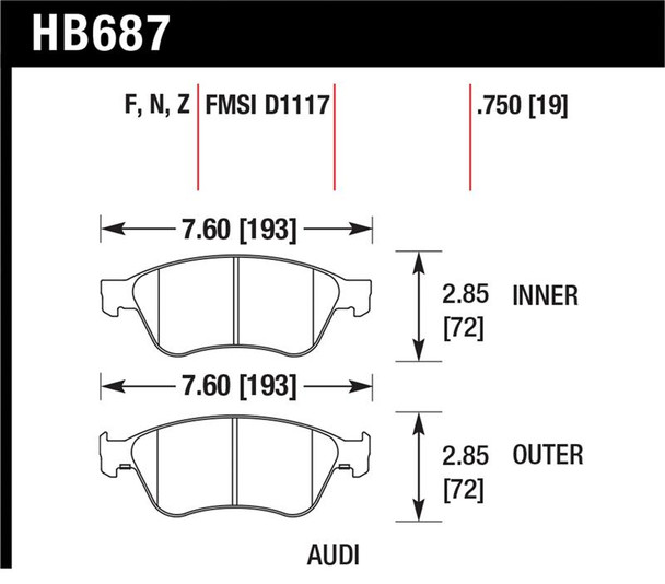 Hawk 04-10 Audi A8 Quattro / 07-11 S6 / 07-10 S8 /  04-06 VW Phaeton HPS Front Street Brake Pads HB687F.750