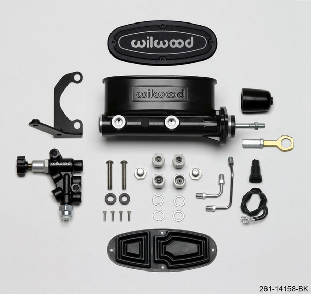 Wilwood HV Tandem M/C Kit w L/H Bracket & Prop Valve - 15/16in Bore Black-W/Push. - Early Mustang 261-14158-BK