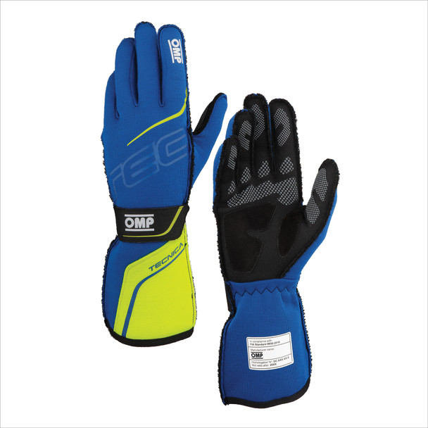 Omp Racing, Inc. Tecnica Gloves Fia 8856- 2018 Blue / Yellow Sz. L Ib0-0779-A01-044-L