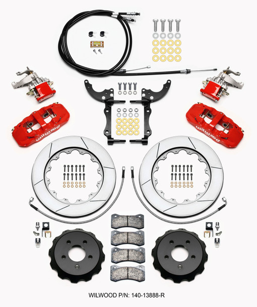 Wilwood AERO4 / MC4 Rear Kit 14.00 Red 2015-Up Mustang w/Lines & Cables 140-13888-R