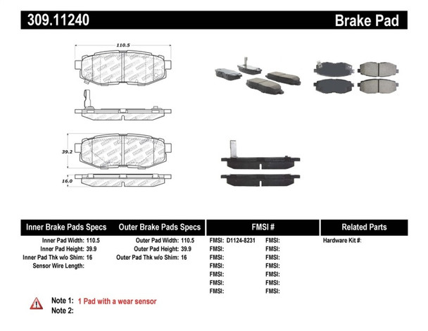 StopTech Performance 06-10 Subaru Legacy Sedan/Outback/13 BRZ / 13 Scion FR-S Rear Brake Pads 309.1124