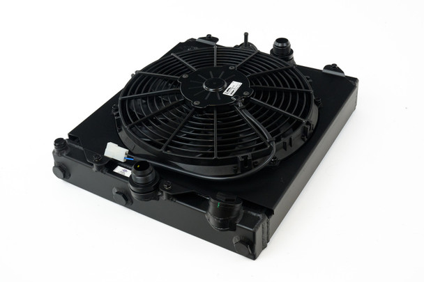 CSF Universal Half Radiator w/-16AN & Slip-On Fittings/12in SPAL Fan & Shroud - Black Finish 2858XB