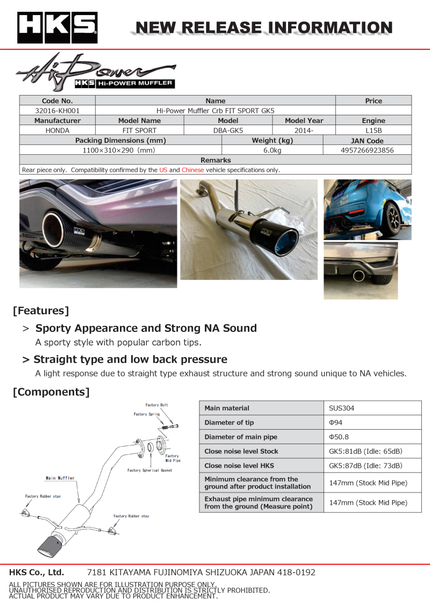 HKS Hi-Power Muffler 2014+ Honda Fit Sport GK5 w/ Carbon Tips 32016-KH001