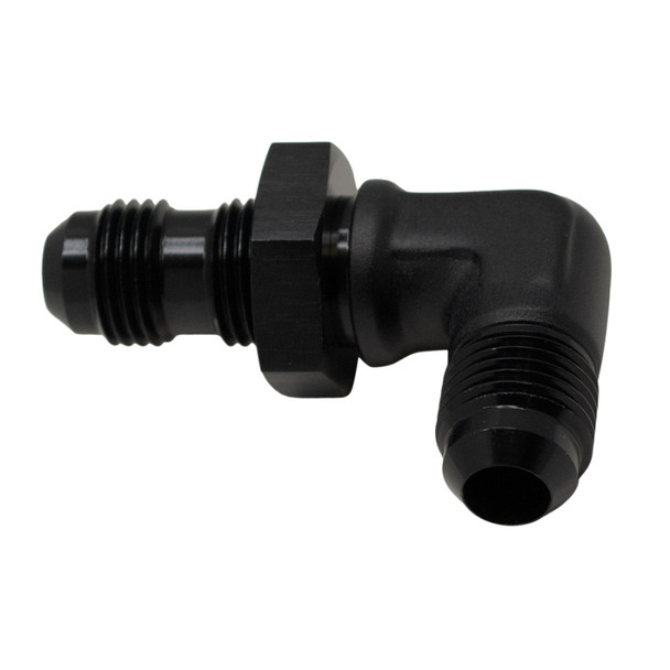 DeatschWerks 6AN Male Flare to 6AN Male Flare Bulkhead Adapter 90-Degree - Anodized Matte Black 6-02-0710-B