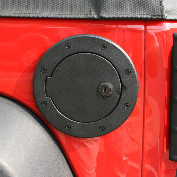 Rugged Ridge Locking Gas Cap Door Black Alum 07-18 Jeep Wrangler JK 11425.06