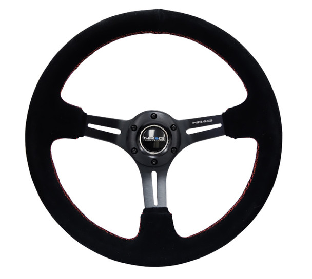 NRG Reinforced Steering Wheel (350mm / 3in. Deep) Blk Suede w/Red Stitching & 5mm Spokes w/Slits RST-018S-RS