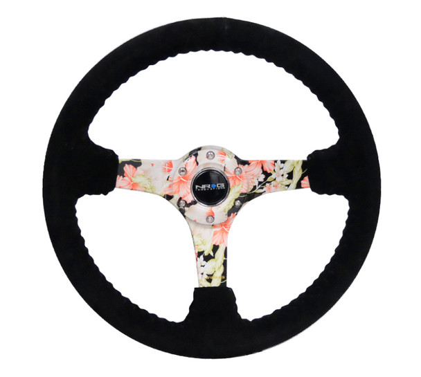 NRG Reinforced Steering Wheel (350mm / 3in. Deep) Blk Suede Floral Dipped w/ Blk Baseball Stitch RST-036FL-S