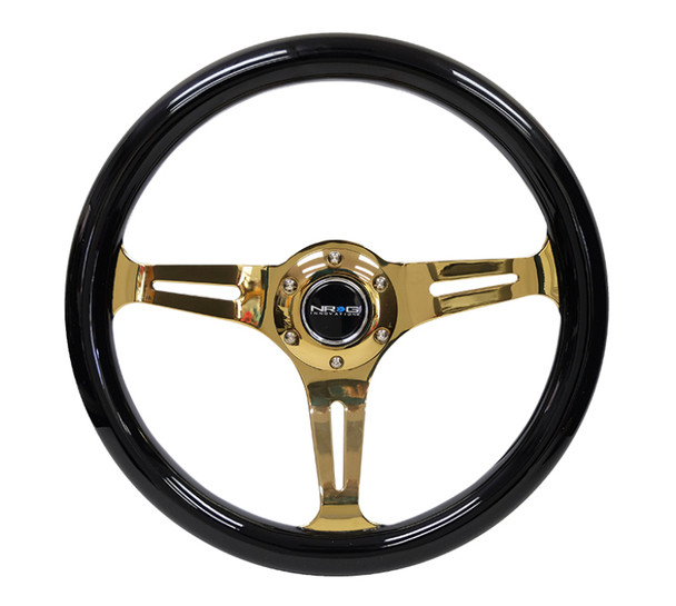 NRG Classic Wood Grain Steering Wheel (350mm) Black Grip w/Chrome Gold 3-Spoke Center ST-015CG-BK