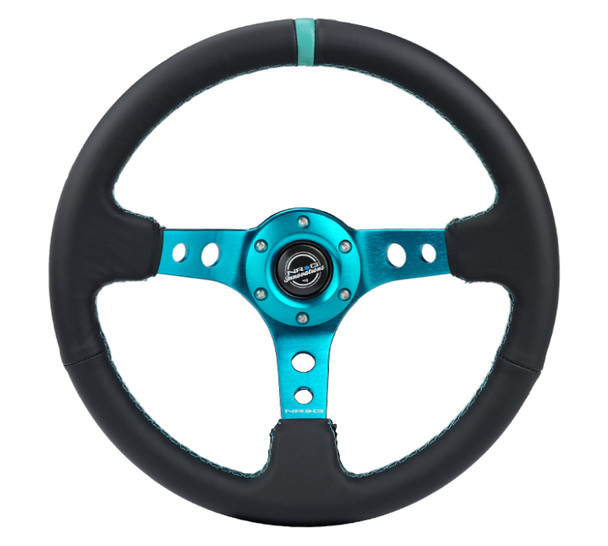 NRG Reinforce Steering Wheel (350mm / 3in. Deep) Blk Leather, Teal Center Mark w/ Teal Stitching RST-006TL