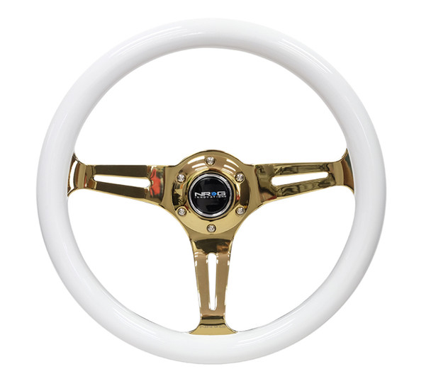NRG Classic Wood Grain Steering Wheel (350mm) White Grip w/Chrome Gold 3-Spoke Center ST-015CG-WT
