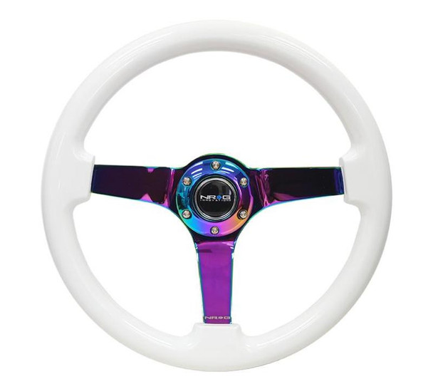 NRG Reinforced Steering Wheel (350mm / 3in. Deep) Classic White w/4mm Neochrome Solid 3-Spoke RST-036WT-MC
