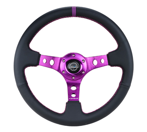 NRG Reinforced Steering Wheel (350mm / 3in. Deep) Black Leather w/Purple Center & Purple Stitching RST-006PP