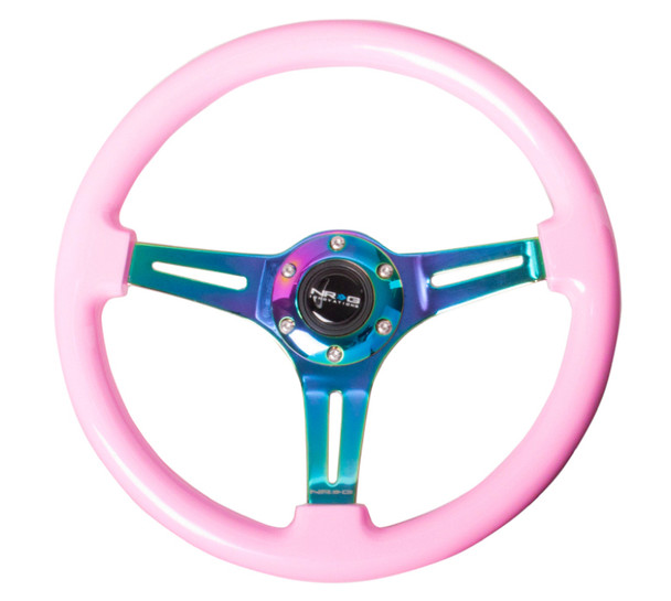 NRG Classic Wood Grain Steering Wheel (350mm) Solid Pink Painted Grip w/Neochrome 3-Spoke Center ST-015MC-PK