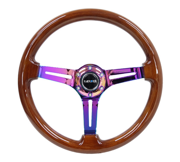 NRG Reinforced Steering Wheel (350mm / 3in. Deep) Brown Wood w/Blk Matte Spoke/Neochrome Center Mark RST-018BR-MC