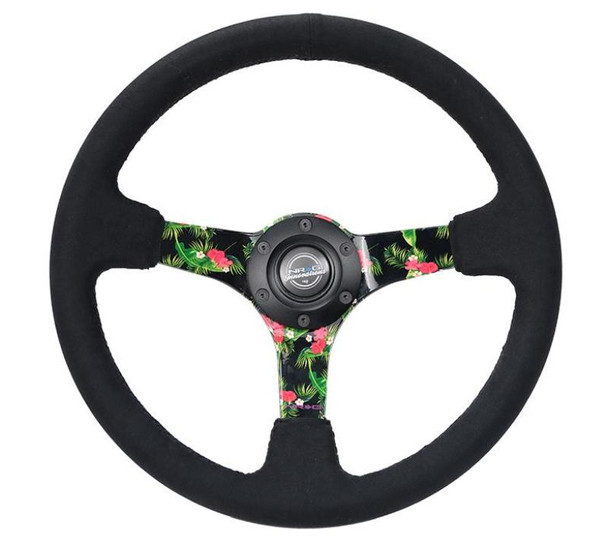 NRG Reinforced Steering Wheel (350mm / 3in. Deep) Black Suede w/ 5mm Floral 3-Spoke Center RST-036TROP-S