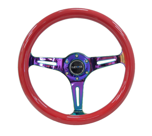 NRG Classic Wood Grain Steering Wheel (350mm) Red Grip w/Neochrome 3-Spoke Center ST-015MC-RD