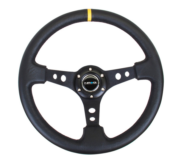 NRG Reinforced Steering Wheel (350mm / 3in. Deep) Blk Leather w/Blk Cutout Spoke/Yellow Center Mark RST-006BK-Y