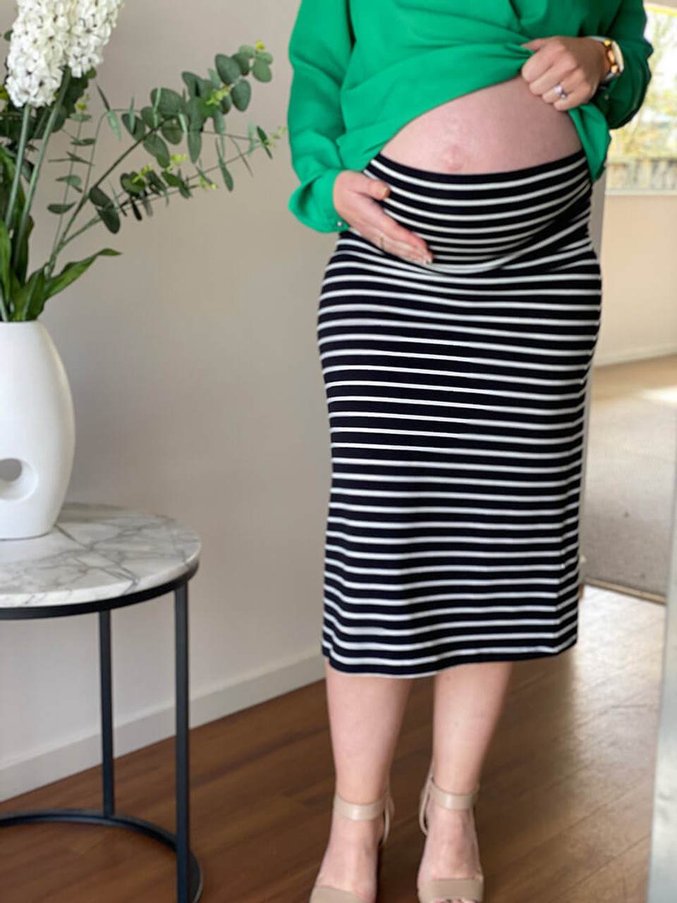 The perfect stripe tube skirt for maternity wear. Find it online at Breastmates  New Zealand