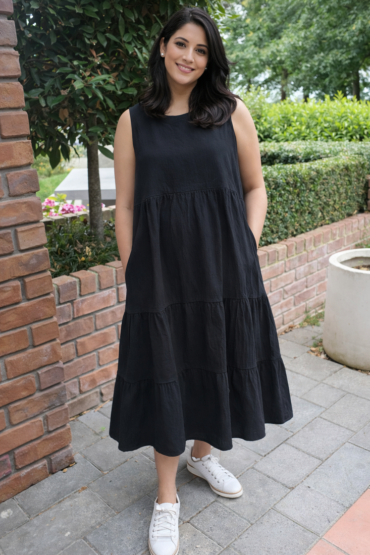Tiered Midi Dress Black - Maternity & Breastfeeding