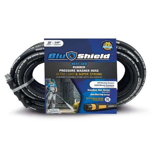 BluBird BluShield Lightweight 1/4" Rubber Pressure Washer Hose with Quick Connect Coupler Plug, 3100PSI Heavy Duty Kink Resistant - 25 Feet