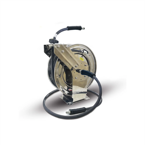 BluBird BluShield 3/8" Retractable Stainless Steel Pressure Washer Hose Reel with Aramid Braided Hose, Non Marking, 6' Lead-in Hose - 75 Feet BluBird BluShield 3/8" Retractable Stainless Steel Pressure Washer Hose Reel with Aramid Braided Hose, Non Marking, 6' Lead-in Hose - 75 Feet