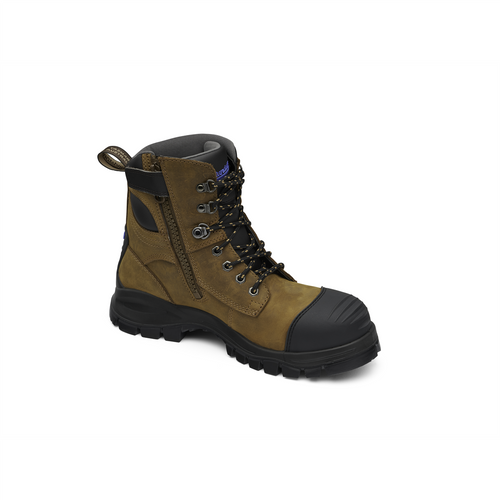 Blundstone Steel Toe Lace Up Side Zip, Water Resistant, Bump Cap, Puncture Resistant Insole, Crazy Horse Brown, AU size 10.5, US size 11.5