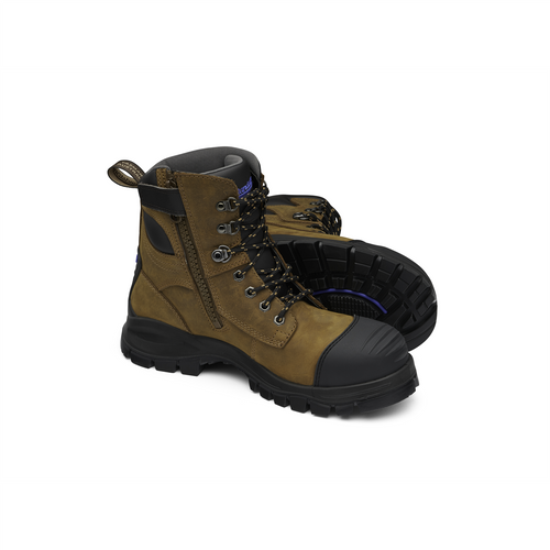 Blundstone Steel Toe Lace Up Side Zip, Water Resistant, Bump Cap, Puncture Resistant Insole, Crazy Horse Brown, AU size 6, US size 7