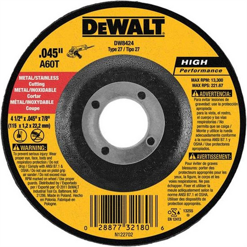 DeWalt CUT-OFF WHEEL 4 1/2 X .045 X 7/8 DEPRESS.CTR. DeWalt CUT-OFF WHEEL 4 1/2 X .045 X 7/8 DEPRESS.CTR.