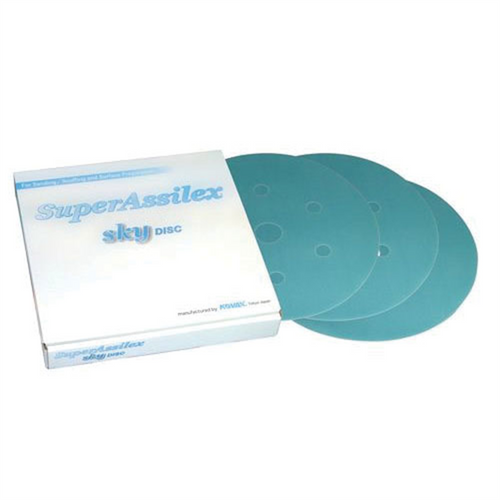 Eagle Abrasives, Inc. KOVAX Super Assilex 193-1538 Sanding Disc, 6 in Dia, 600 Grit, Sky, Dry, Hook and Loop Attachment, 7 Holes