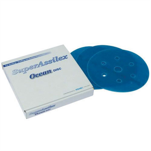 Eagle Abrasives, Inc. KOVAX Super Assilex 193-1545 Sanding Disc, 6 in Dia, 360 Grit, Ocean, Dry, Hook and Loop Attachment, 7 Holes