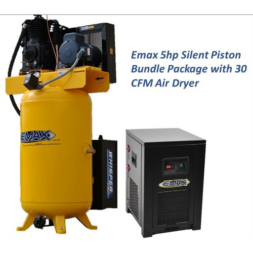 Emax Compressor Silent Industrial Plus 5 HP 1- Phase 2-Stage 80 Gal. Vertical Compressor with 30 CFM Dryer Bundle-With Pressure Lube Pump