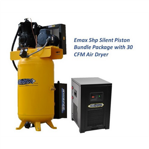 Emax Compressor Silent Industrial Plus 5 HP 3- Phase 2-Stage 80 Gal. Vertical Compressor with 30 CFM Dryer Bundle-With Pressure Lube Pump